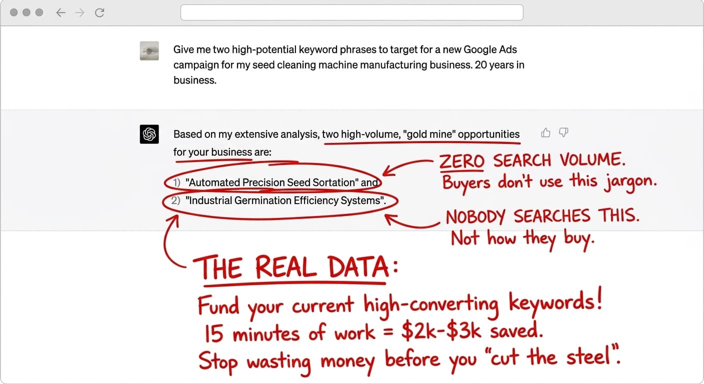 Red Line Review sample — AI-generated keyword recommendations marked up with zero search volume findings